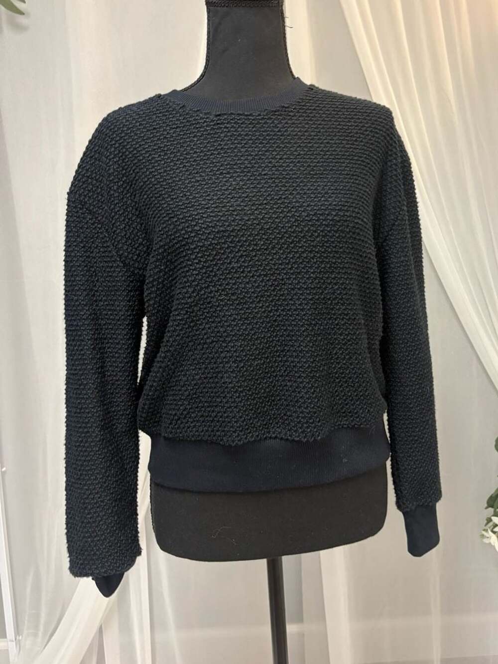 Marine Layer Black Textured Cotton Blend Crewneck Sweater